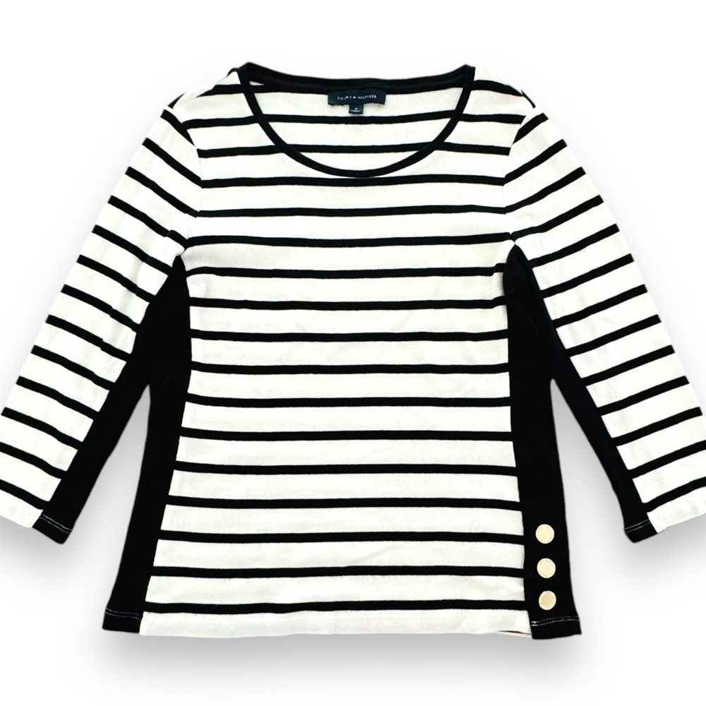 Tommy Hilfiger Size M White/Black Stripe 3/4 Sleeve Sweater w/Gold Snap Detail